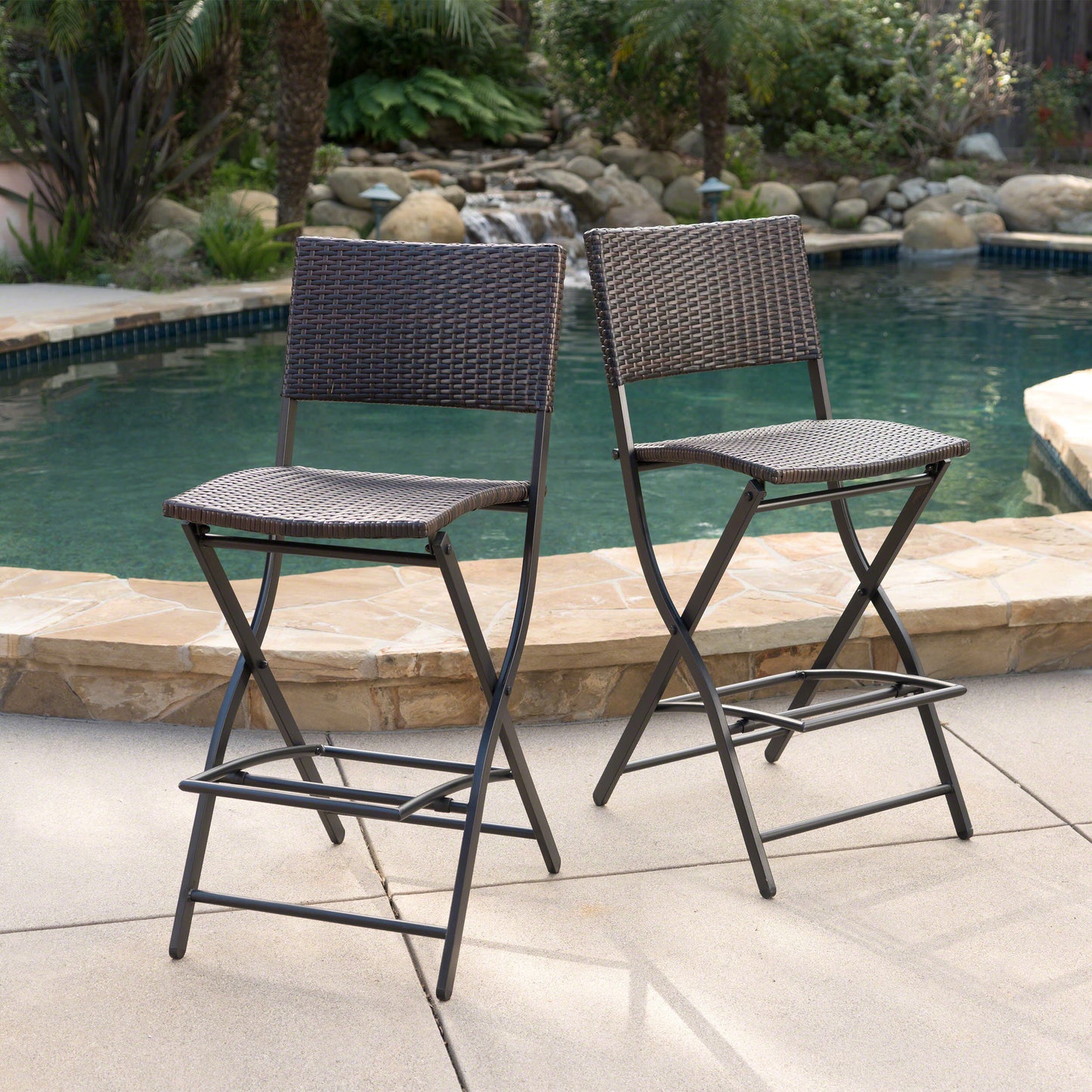 Outdoor Wicker Barstools Faux Rattan Patio Bar Stools Foldable Chair, Multibrown, Set of 2