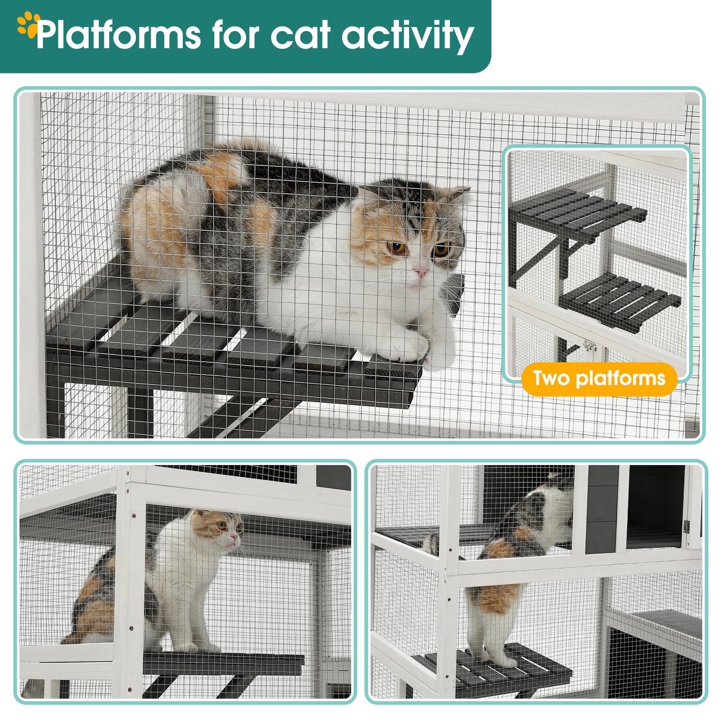 3-Tier Wooden Outdoor & Indoor Cat House Suitable for 1-3 Cats Cat Enclosure Resting Box with 4 Platforms and 2 doors Cat Shelter Kitty House with a Jump Box for Hiding and Resting Cat Cage 71"H-Gray