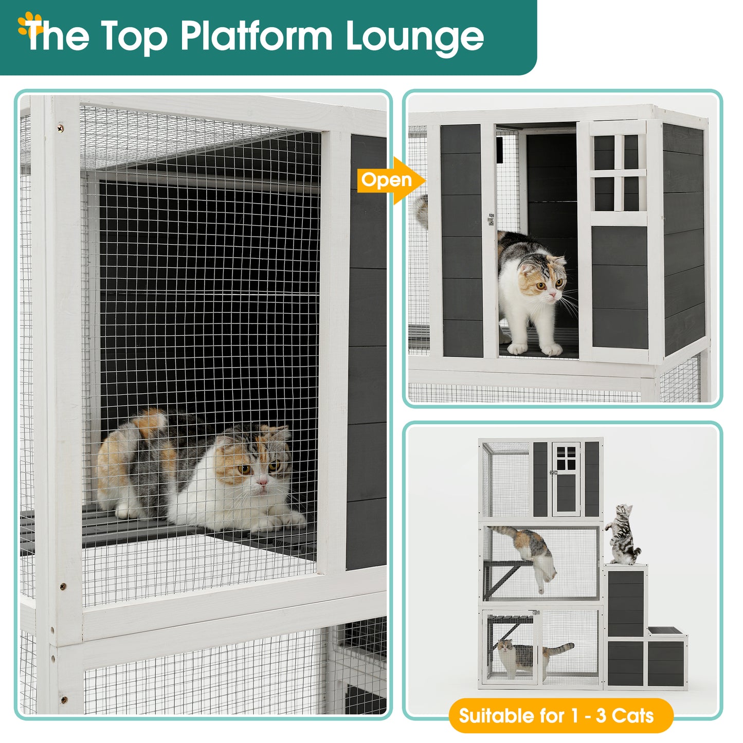 3-Tier Wooden Outdoor & Indoor Cat House Suitable for 1-3 Cats Cat Enclosure Resting Box with 4 Platforms and 2 doors Cat Shelter Kitty House with a Jump Box for Hiding and Resting Cat Cage 71"H-Gray