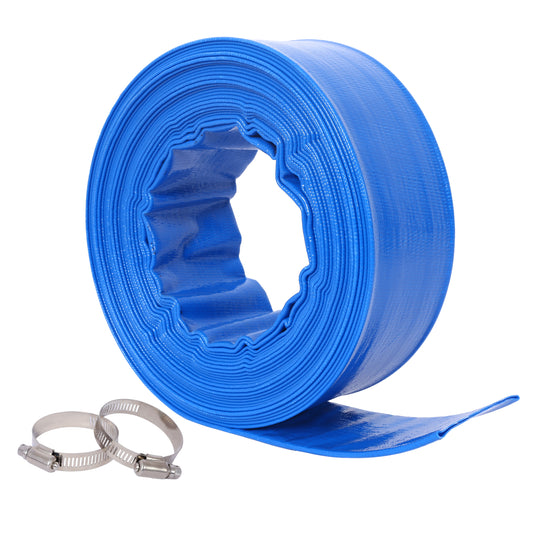 2'x 50 FT Pool Backwash Hose, Blue Heavy Duty Reinforced PVC Lay Flat Water Discharge Hose for Swimming Pool Filter Pump,with 2 Clamp