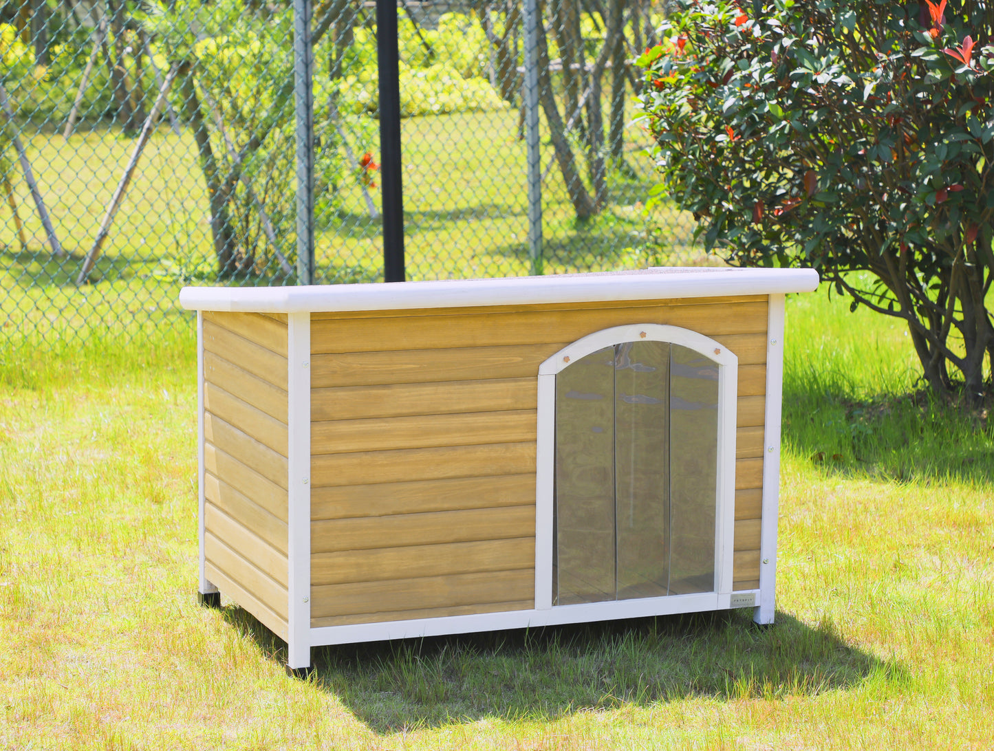 Large Wooden Outdoor Dog House, Waterproof Roof, Elevated Floor, Adjustable Plastic Feet, Yellow