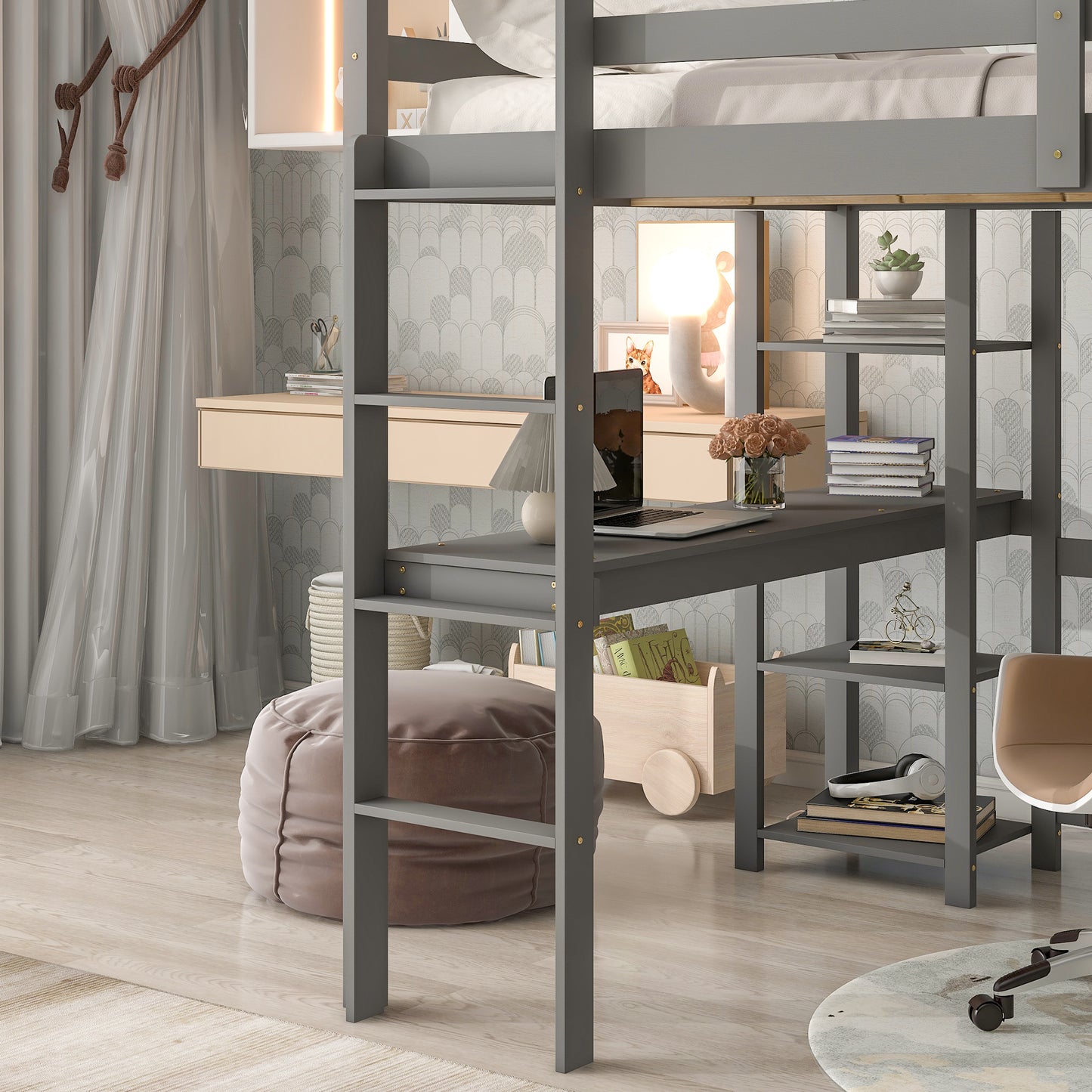 Full Loft Bed with Desk ,Shelves and Ladder, Grey