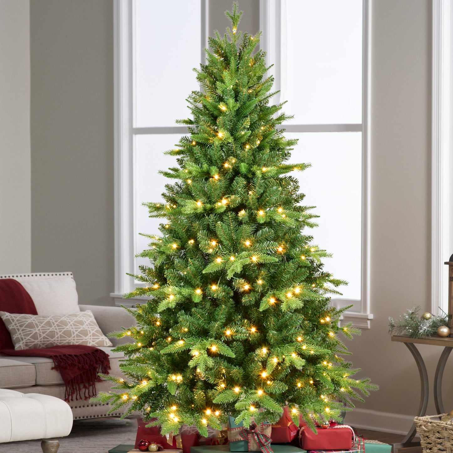 5FT PE And PVC Christmas Tree with Lights, Unique Christmas Tree Prelit with 850 Branch Tips, 250 Warm White LEDs and Metal Stand, Aritificial Christmas Tree