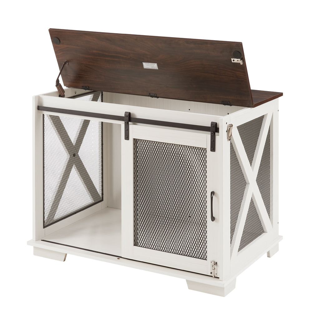 Farmhouse Dog Cage Crate Furniture with Sliding Barn Door,  Farmhouse Wooden Dog Kennel End Table with Flip-top Plate Dog House with Detachable Divider for Small/Medium/Large Dog White