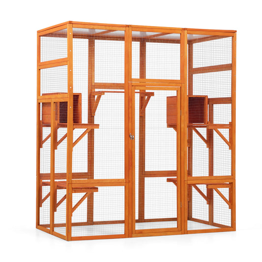 Large Cat Enclosure with 5 Perches, 2 Condos and 1 Lockable Door, Orange