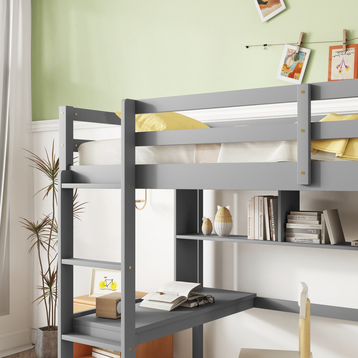 [SantaChoice] Twin Size Loft Bed with desk and shelves, Safety Guardrail and ladder,Grey