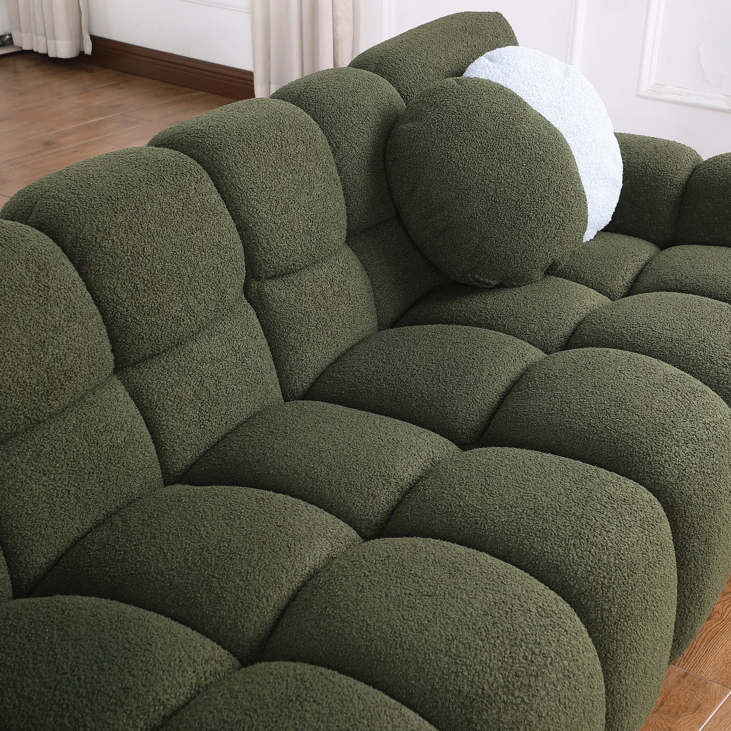 64.96 length ,35.83" deepth ,human body structure for USA people,  marshmallow sofa,boucle sofa ,2  seater, olive green  BOUCLE