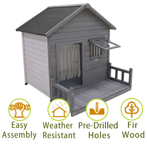 Large dog house, 44.2" long x 44.6" wide x 44.6" high solid wood asphalt roof dog house for large dogs with large terrace, weatherproof large dog house