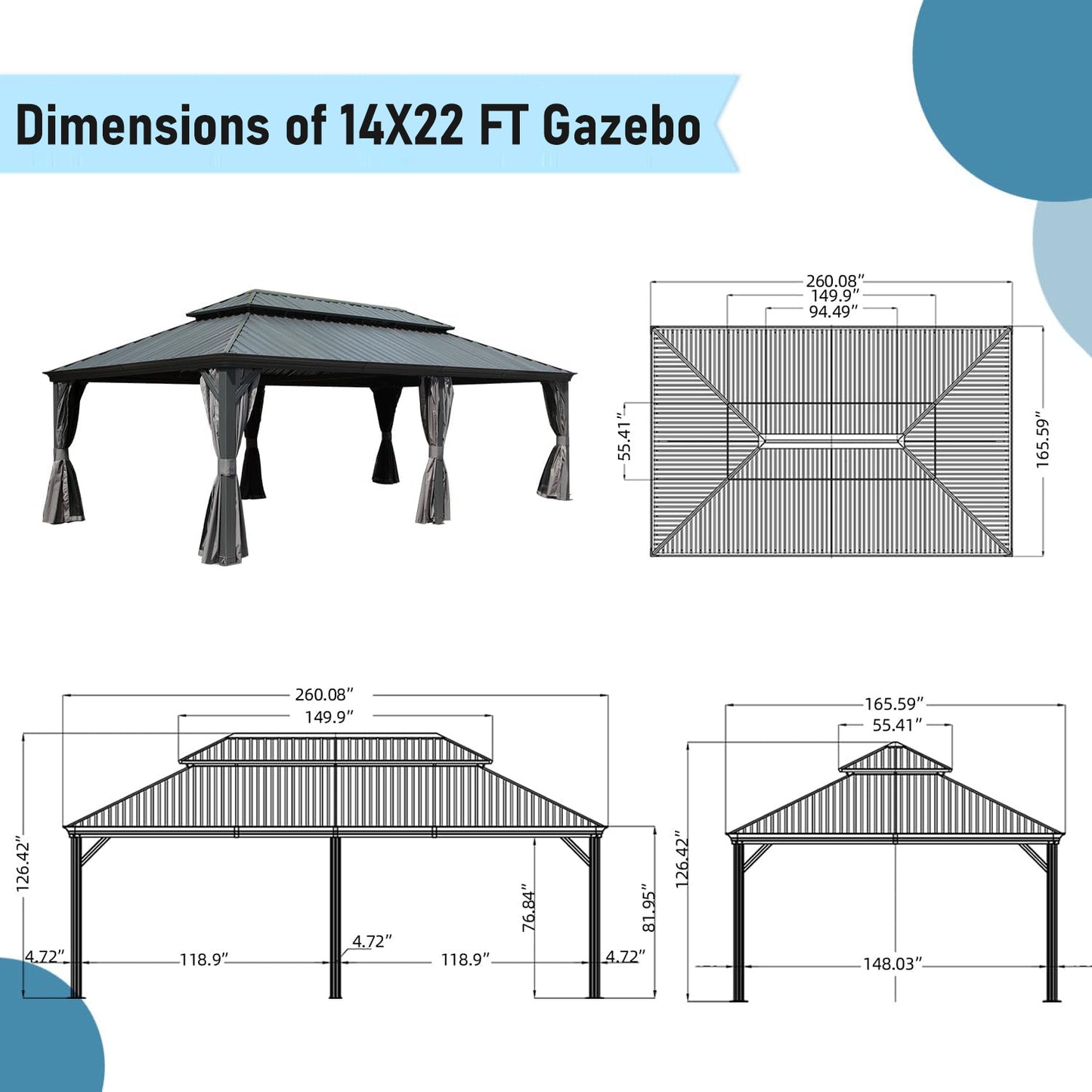 14x22FT Hardtop Gazebo, Outdoor Gazebo with Galvanized Steel Double Roof, Aluminum Frame, Built-in Gutter System, Curtain and Netting, Metal Gazebo Pavilion for Patio Deck Garden, Grey