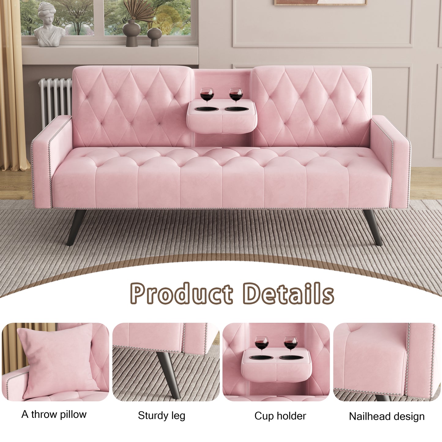 [SantaChoice] 1730 Sofa Bed Armrest with Nail Head Trim with Two Cup Holders 72" Pink Velvet Sofa for Small Spaces