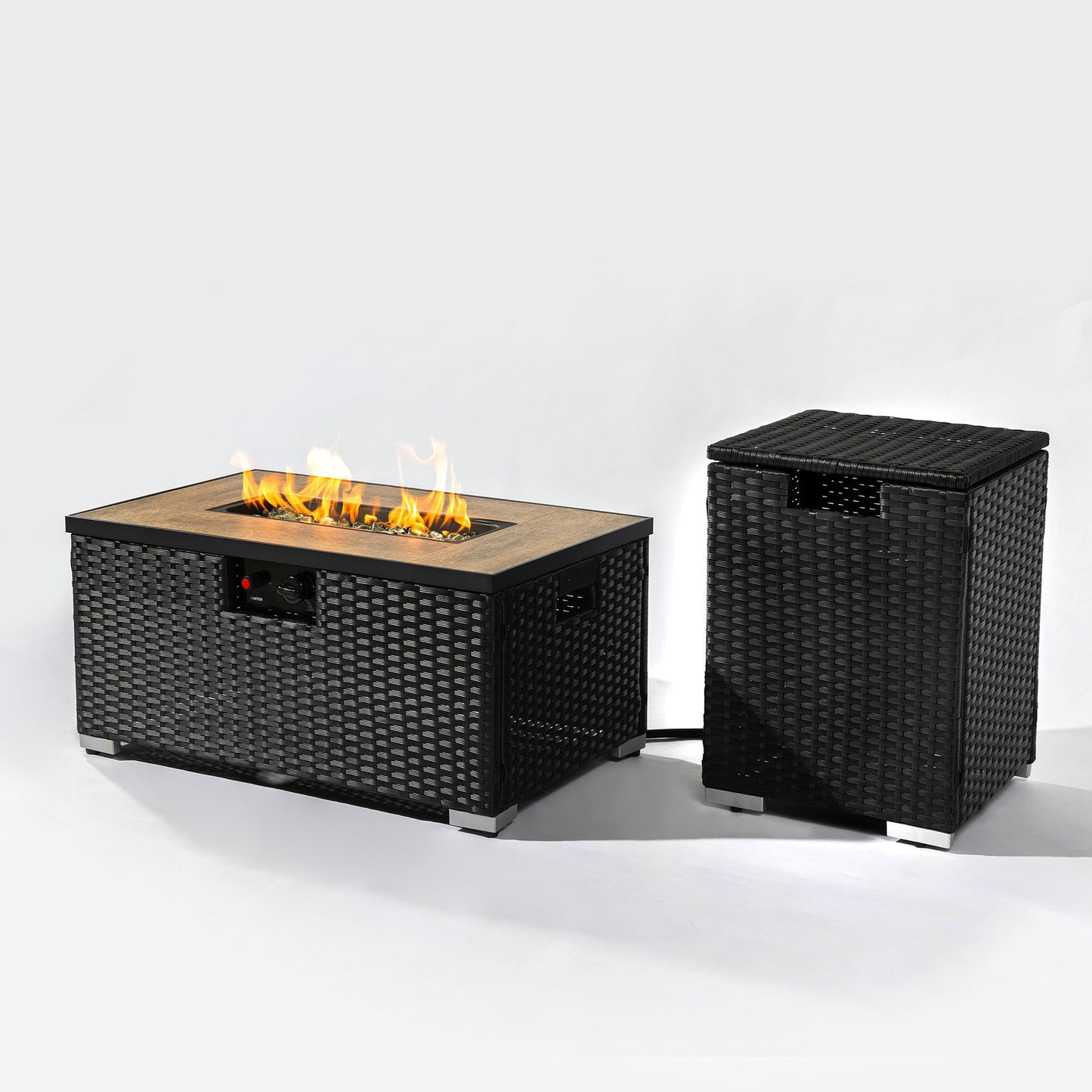 Rattan Fire Pit Table with Propane Tank Holder, Fire Table with Ceramic Tile Table Top