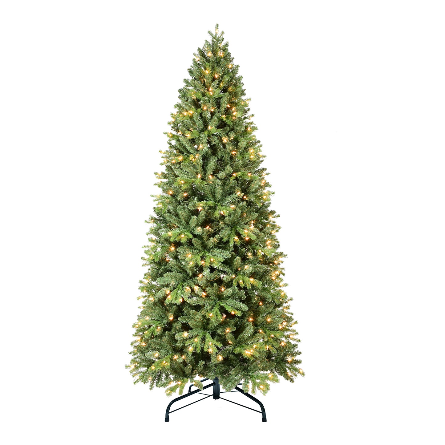 8FT Pre-Lit Slim Christmas Tree, Green, Fir Xmas 'Feel Real' Artificial Tree, White Lights, Metal Hinged, Foldable Base