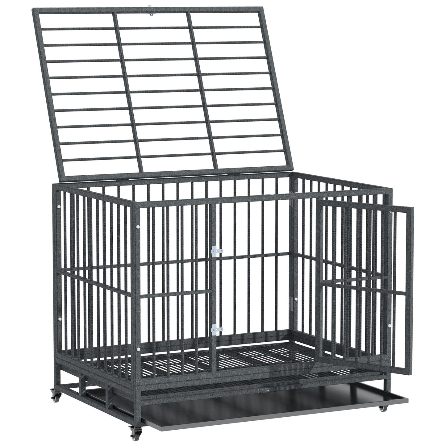 PawHut 43" Heavy Duty Dog Crate Metal Cage Kennel with Lockable Wheels, Double Door and Removable Tray, Grey