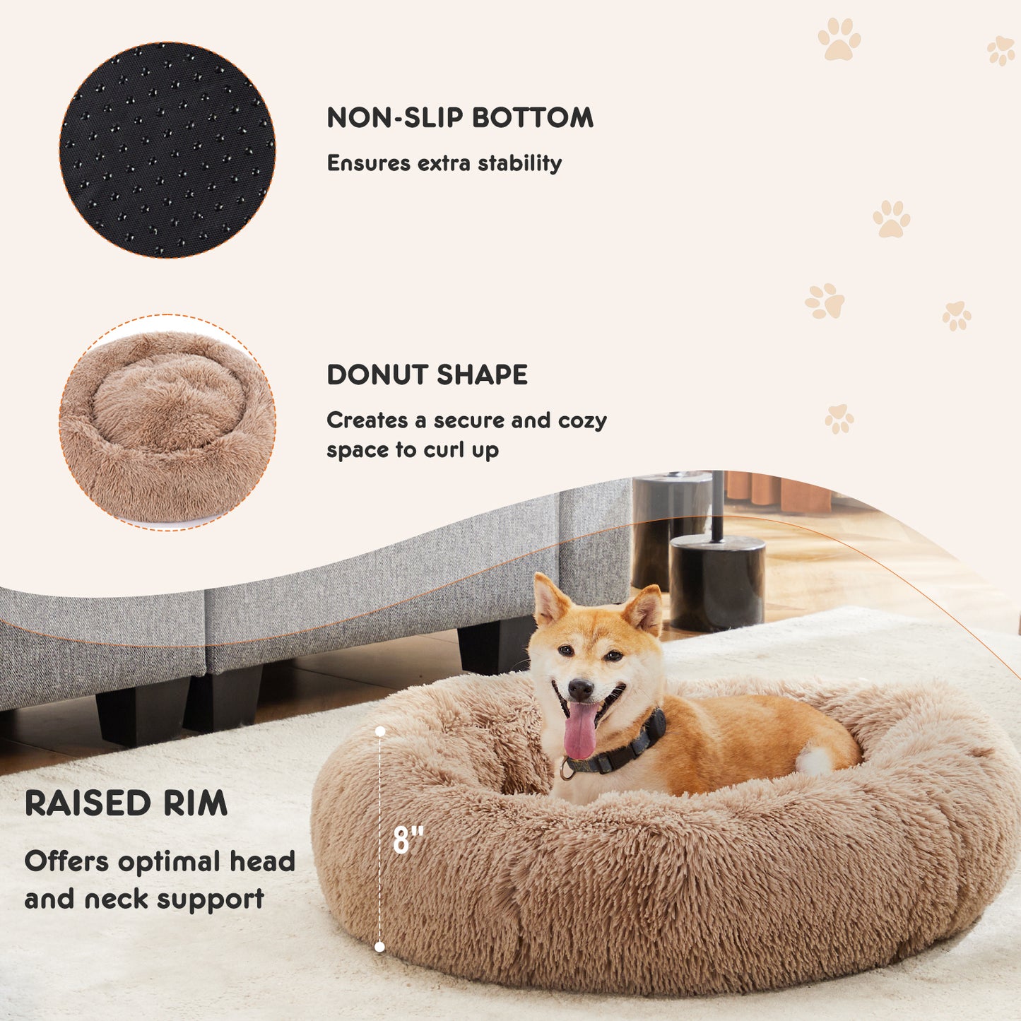 Anti-Slip Round Fluffy Plush Faux Fur Cat Bed, Small Brown