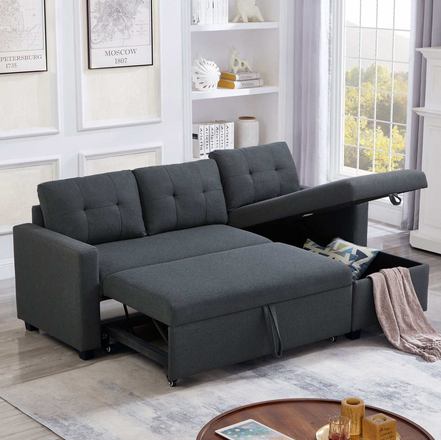 [SantaChoice] Upholstered Pull Out Sectional Sofa with Storage Chaise, Convertible Corner Couch, Dark Grey