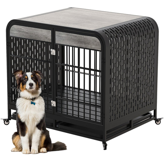 Heavy Duty Dog Crate Furniture Wooden Table Pet Dog Cage Kennel House Indoor Side End Table Decor with Removable Trays and Lockable Wheels for Medium and Large Dogs 42" Grey