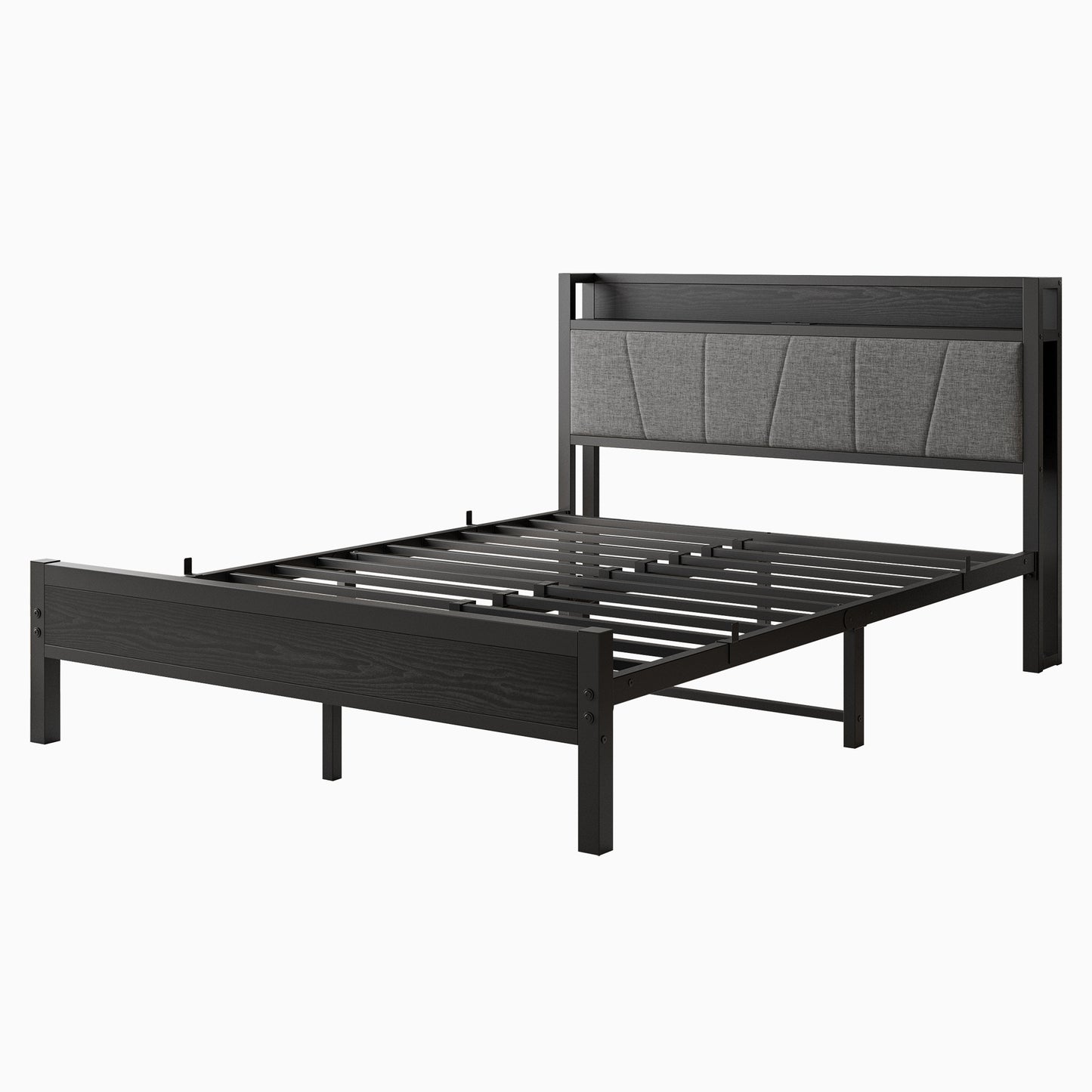 Queen Size Bed Frame, Storage Headboard with Charging Station, Solid and Stable, Noise Free, No Box Spring Needed, Easy Assembly