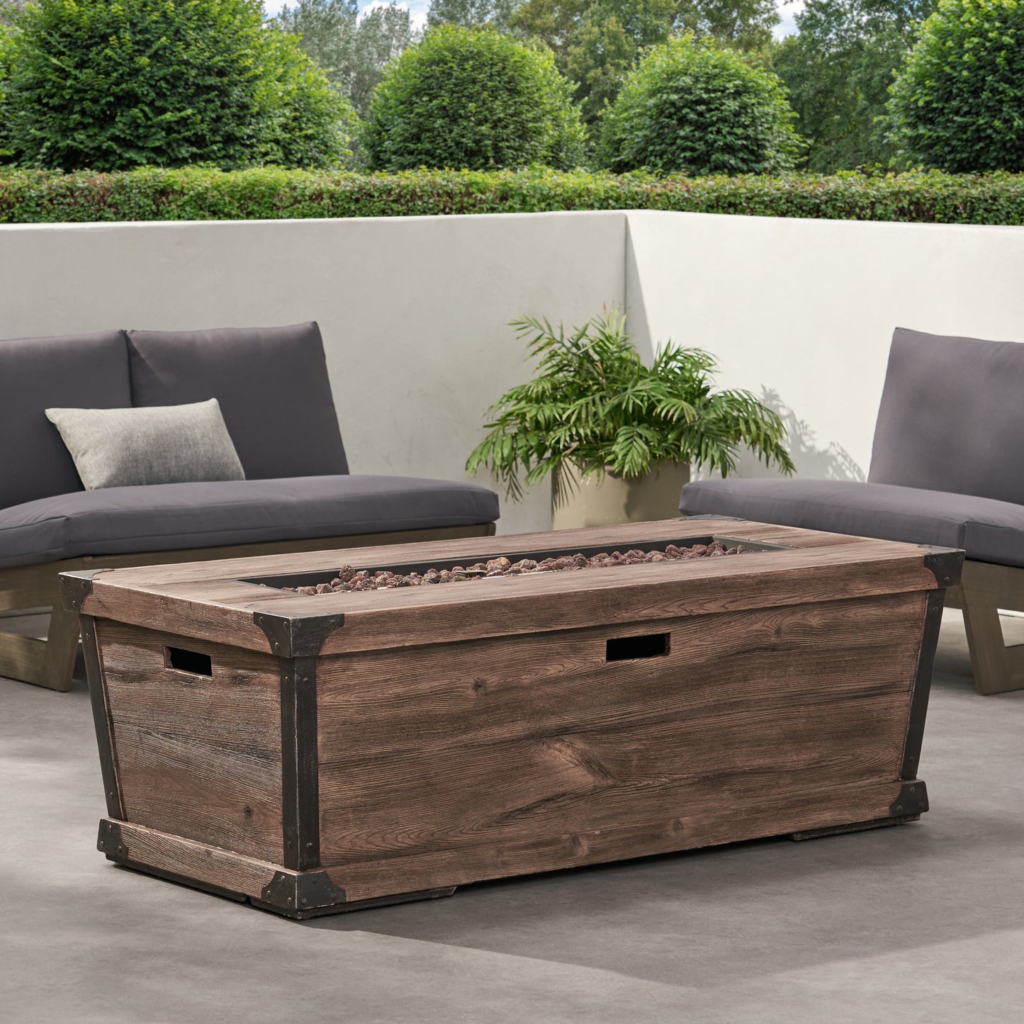 Outdoor Patio Concrete Fire table, Rectangle Gas Burning 56-Inch Fire Pit - 50,000 BTU, Wood Pattern Fire Table, Brown (Tank Cover not Included)