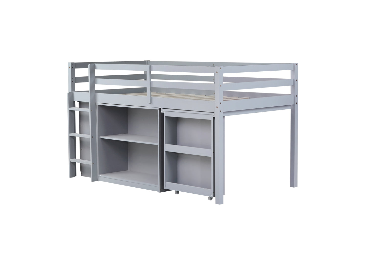 Twin Loft Bed with ,Drawer Cabinet, Shelf Cabinet and Pulling -Out Desk,Rubber Wood Loft Bed with Safety Guardrail ,Ladder,Grey