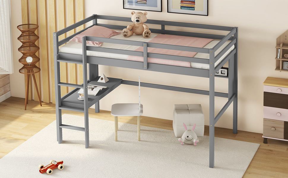 [SantaChoice] Twin Size Loft Bed with desk and shelves, Safety Guardrail and ladder,Grey