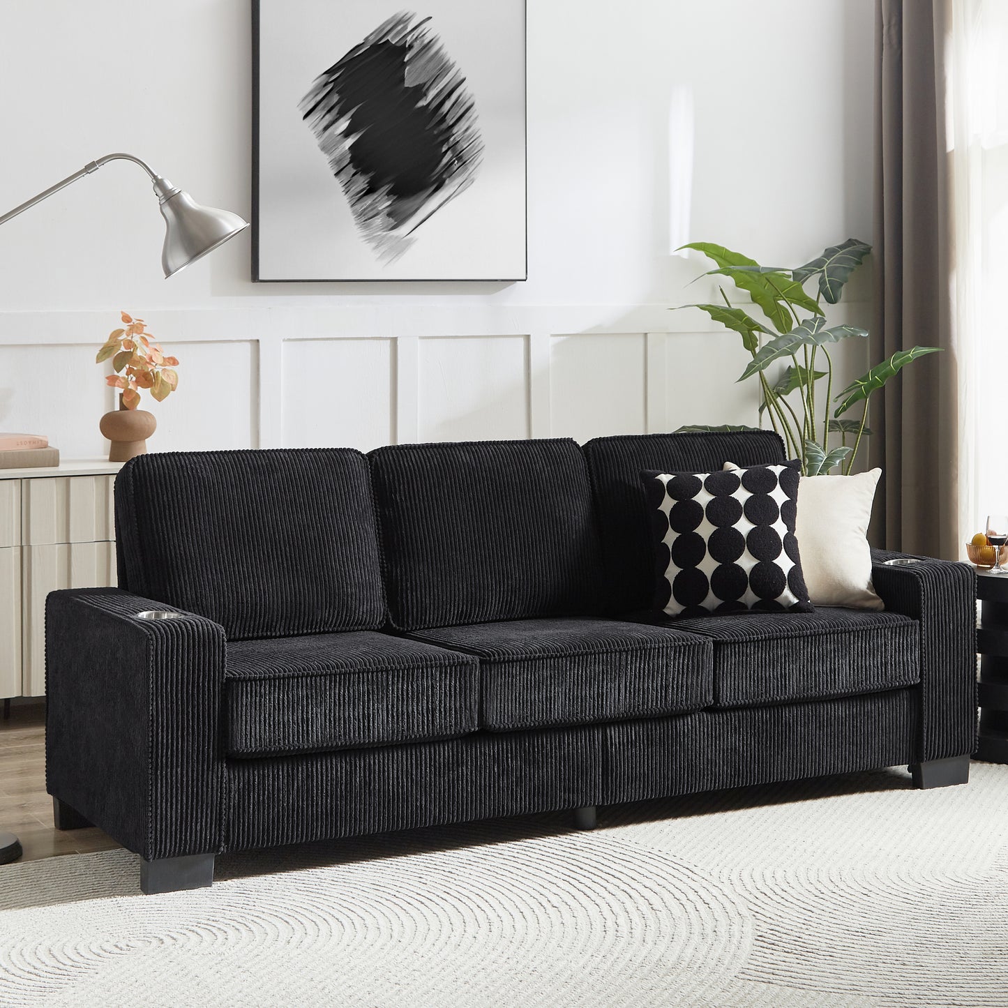 [SantaChoice] 83.86"Corduroy Fabric sofa,Modern Compressed Couch,3-Seater Sofa, Furniture for Living Room,Bedroom,office ,Black