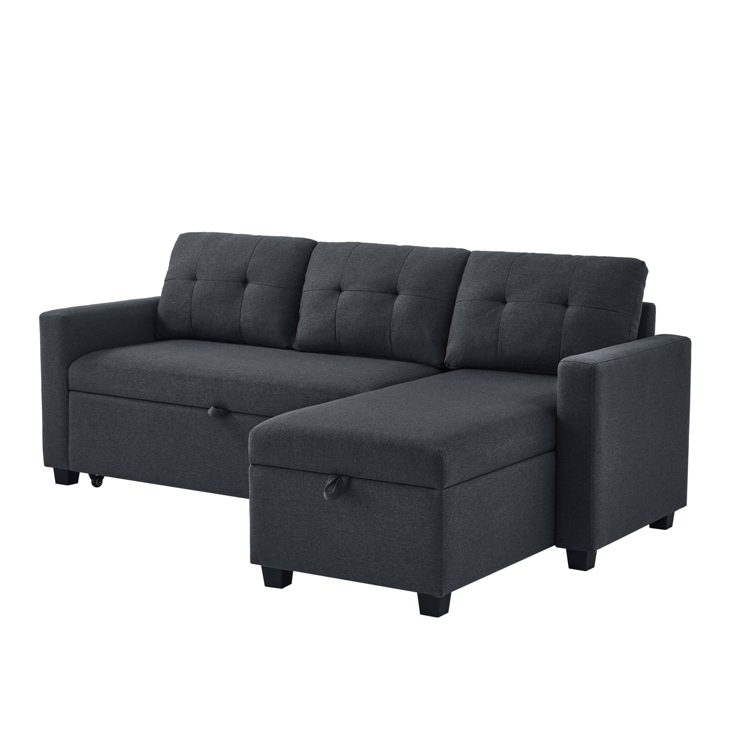 [SantaChoice] Upholstered Pull Out Sectional Sofa with Storage Chaise, Convertible Corner Couch, Dark Grey