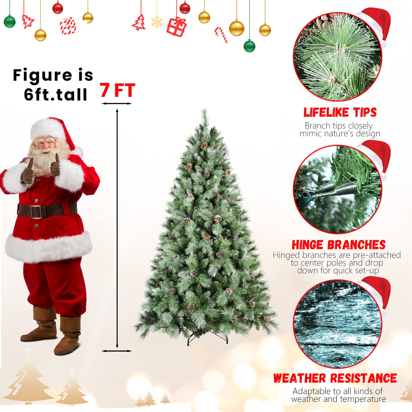 7ft Scotch Pine Christmas Tree, Premium Frosted Pre-Decorated Artificial Holiday Decor w/ 1,348 Branch Tips, Xmas Trees for Holiday Party Decoration