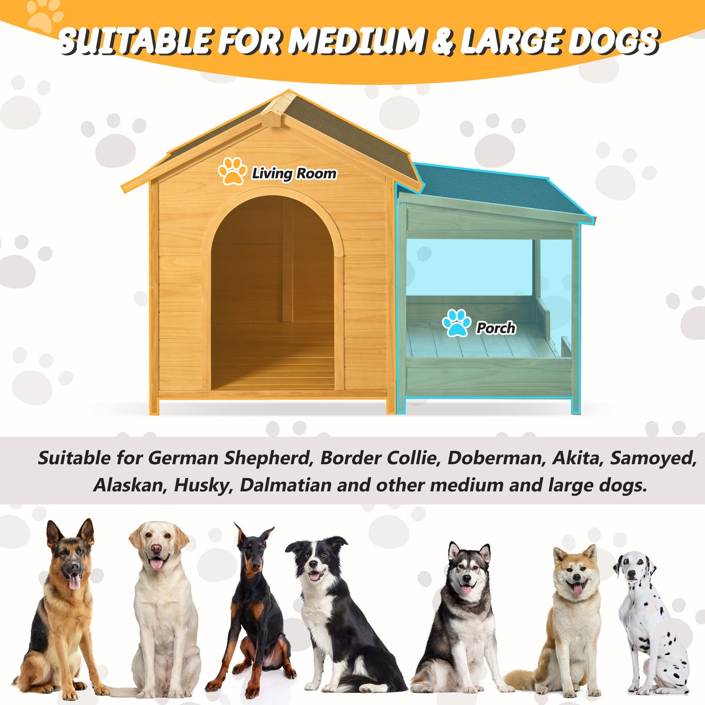 60.2" Large Wooden Dog House with Porch, Cabin Style Dog Crate with Asphalt Roof and Elevated Floor, Dog Kennel with Side Window and Doors, Perfect for Medium & Large Dogs, Nature