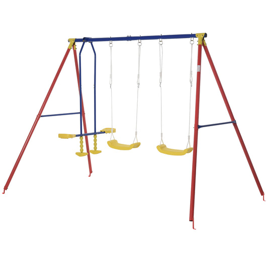 Outsunny Metal Swing Set with Glider, Two Swing Seats and Adjustable Height, Outdoor Heavy Duty A-Frame Suitable for Playground, Backyard, Multi-color