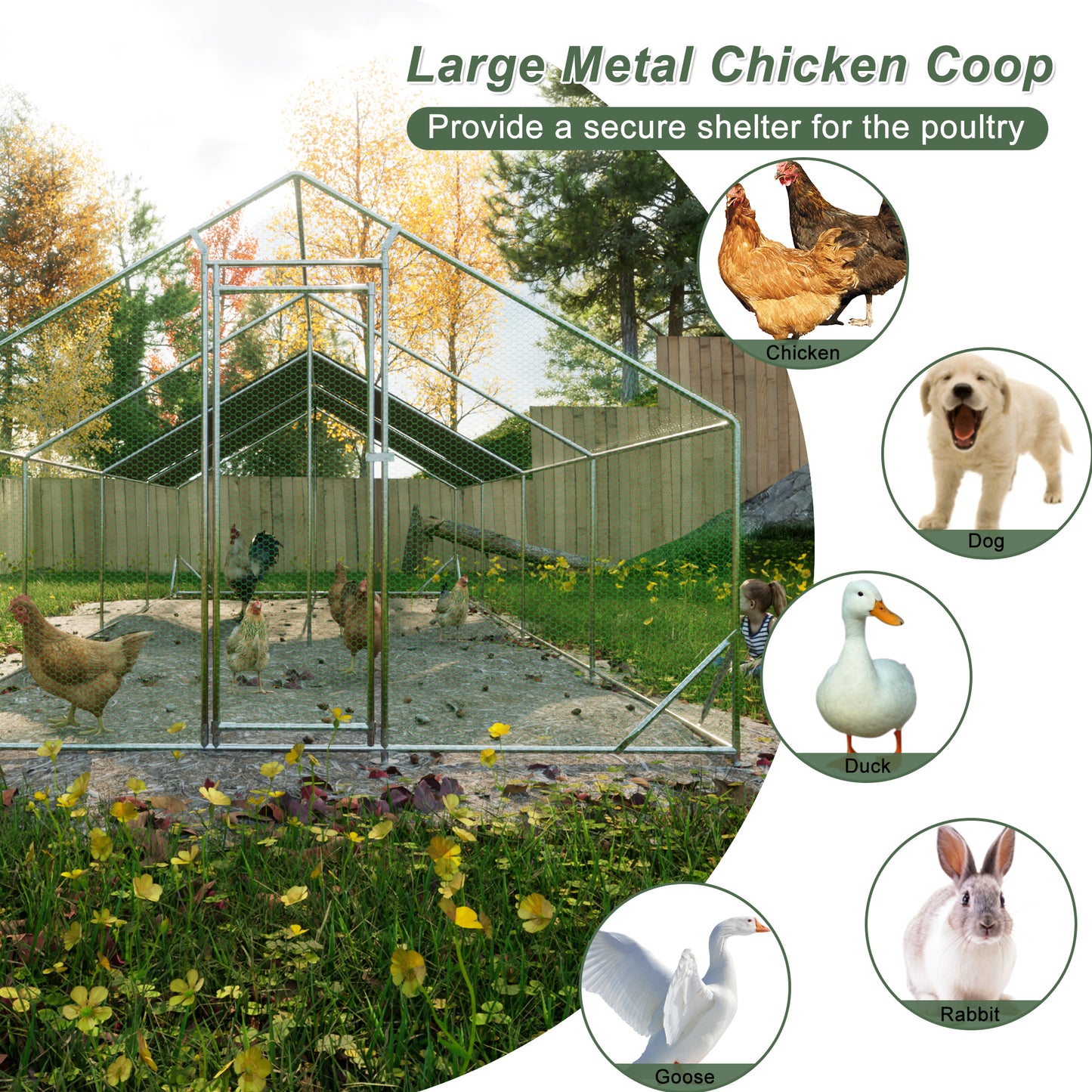 Large Metal Chicken Coop, Walk-in Chicken Run,Galvanized Wire Poultry Chicken Hen Pen Cage, Rabbits Duck Cages with Waterproof and Anti-Ultraviolet Cover for Outside(10' L x 26' W x 6.56' H)