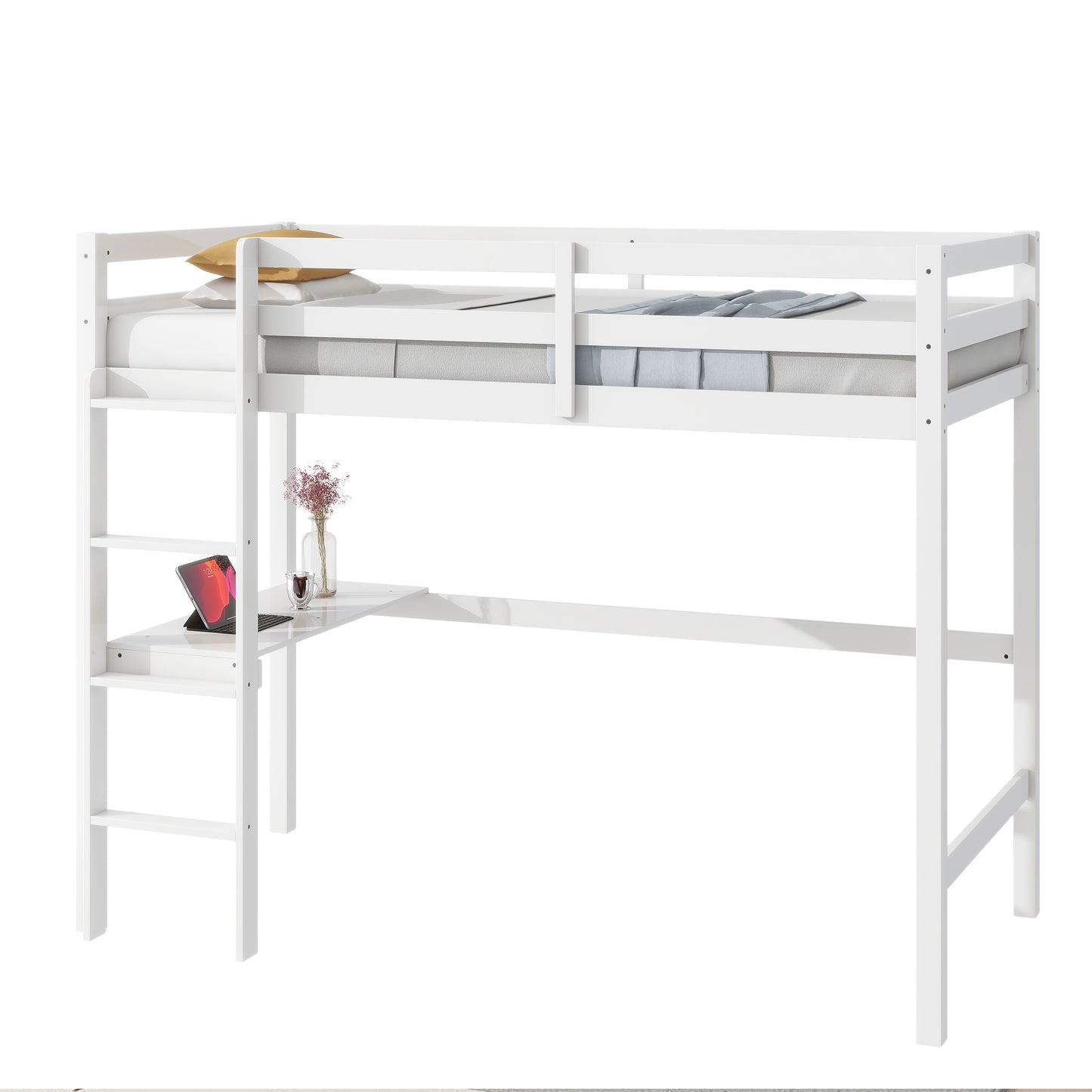 Twin High Loft Bed, Rubber Wood  Loft Bed with Safety Guardrail, built-in desk, ladder,White