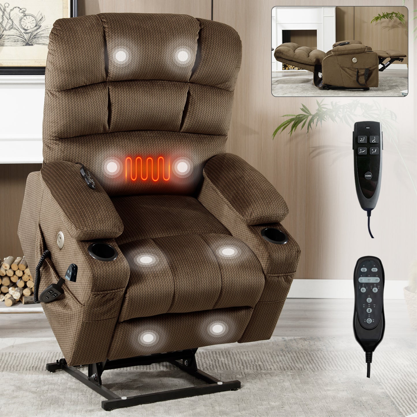 Brown Dual Motor Infinite Position Up to 350 LBS Chenille Power Lift Recliner Chair, Heavy Duty Motion Mechanism with 8-Point Vibration Massage and Lumbar Heating, Dual Cup Holders