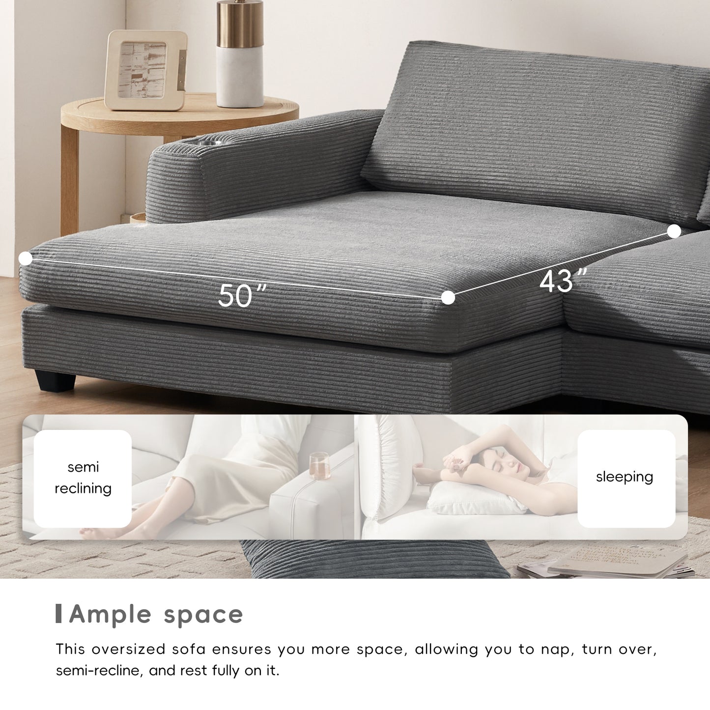 [SantaChoice] 134*54"Oversized Corduroy Sectional Sofa,L Shaped Cloud Couch with USB Charging Port,Cup Holder,Deep Seat Sofa Bed with 50" Chaise,Comfy Indoor Furniture for Living Room,3 Colors