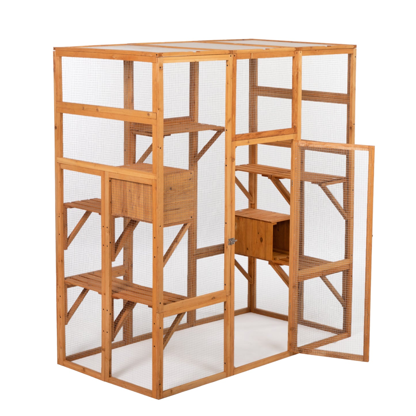 Outdoor Cat Enclosure, Large Wood Cat Cage with Sunlight Top Panel, Perches, Sleeping Boxes, Pet Playpen, Orange