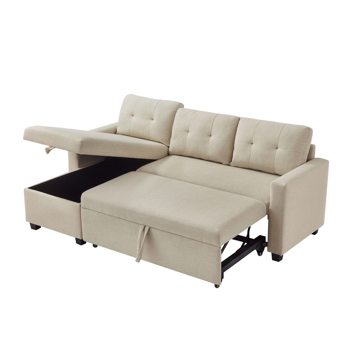 [SantaChoice] Upholstered Pull Out Sectional Sofa with Storage Chaise, Convertible Corner Couch, Beige