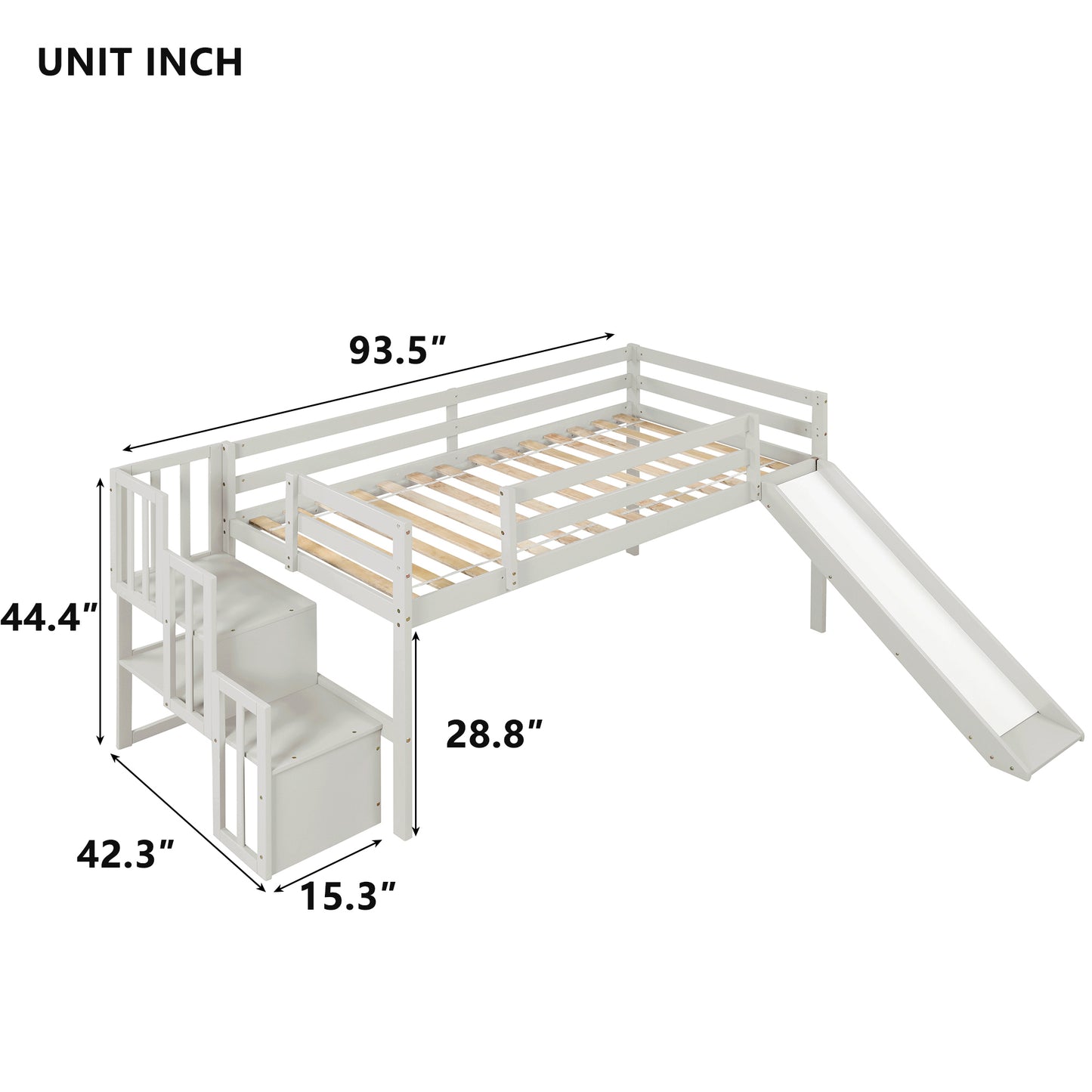 Loft Bed with Staircase, Storage, Slide, Twin size, Full-length Safety Guardrails, No Box Spring Needed, White (Old Sku:W504S00004)