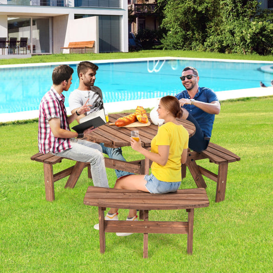 6 Person Wooden Picnic Table Set with Bench and Umbrella Hold w/o Umbrella