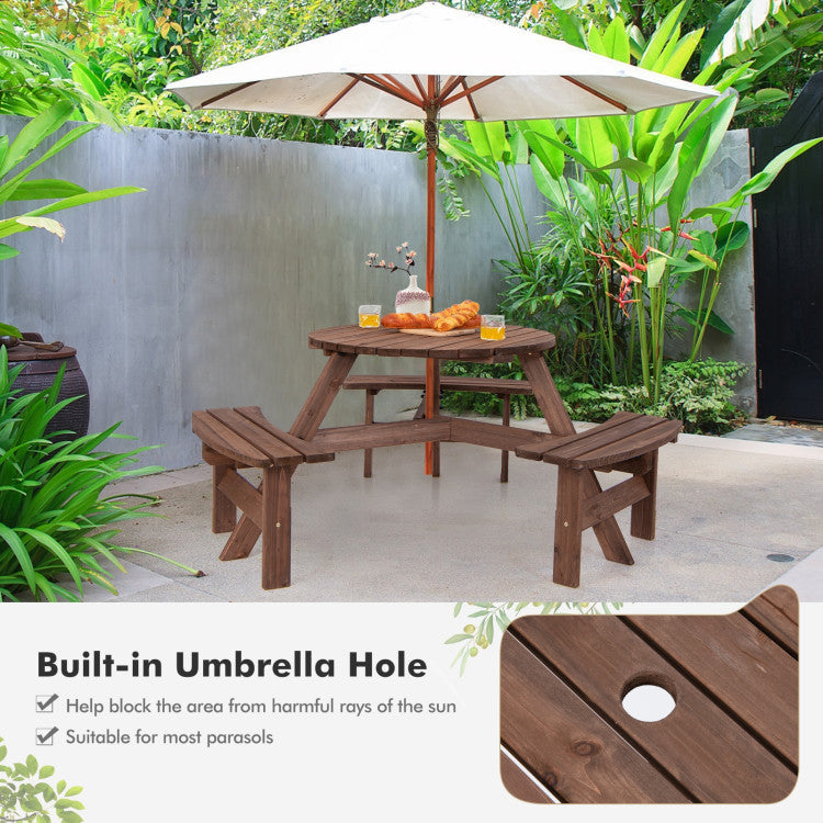 6 Person Wooden Picnic Table Set with Bench and Umbrella Hold w/o Umbrella