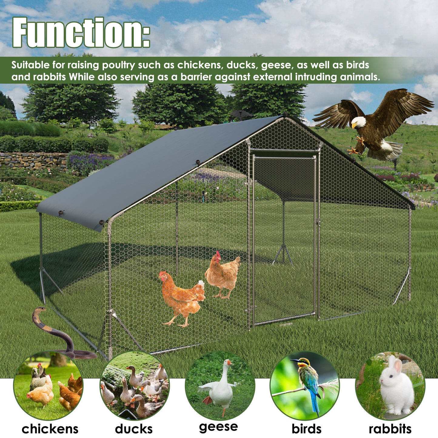 Large metal chicken coop upgrade three support steel wire impregnated plastic net cage, Oxford cloth silver plated waterproof UV protection, duck rabbit sheep bird outdoor house 9.8'W x 6.6'L x 6.5'H