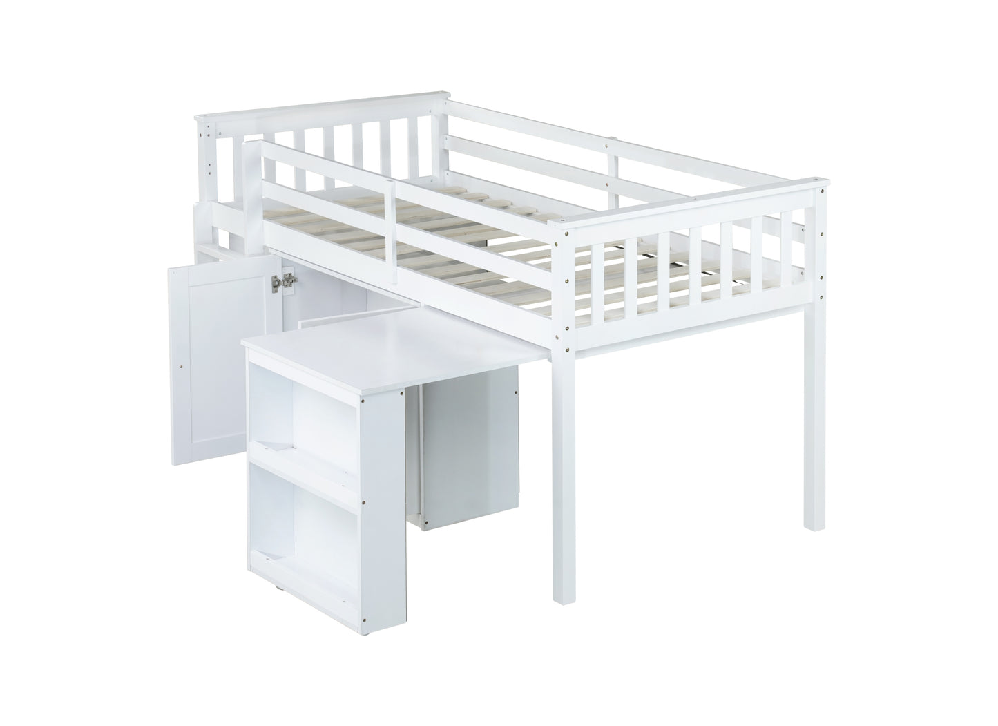 Twin Loft Bed with Storage Cabinet, Drawer and Shelf Cabinet and Pulling-Out Desk, Rubber Wood Loft Bed with Safety Guardrail, Ladder,White