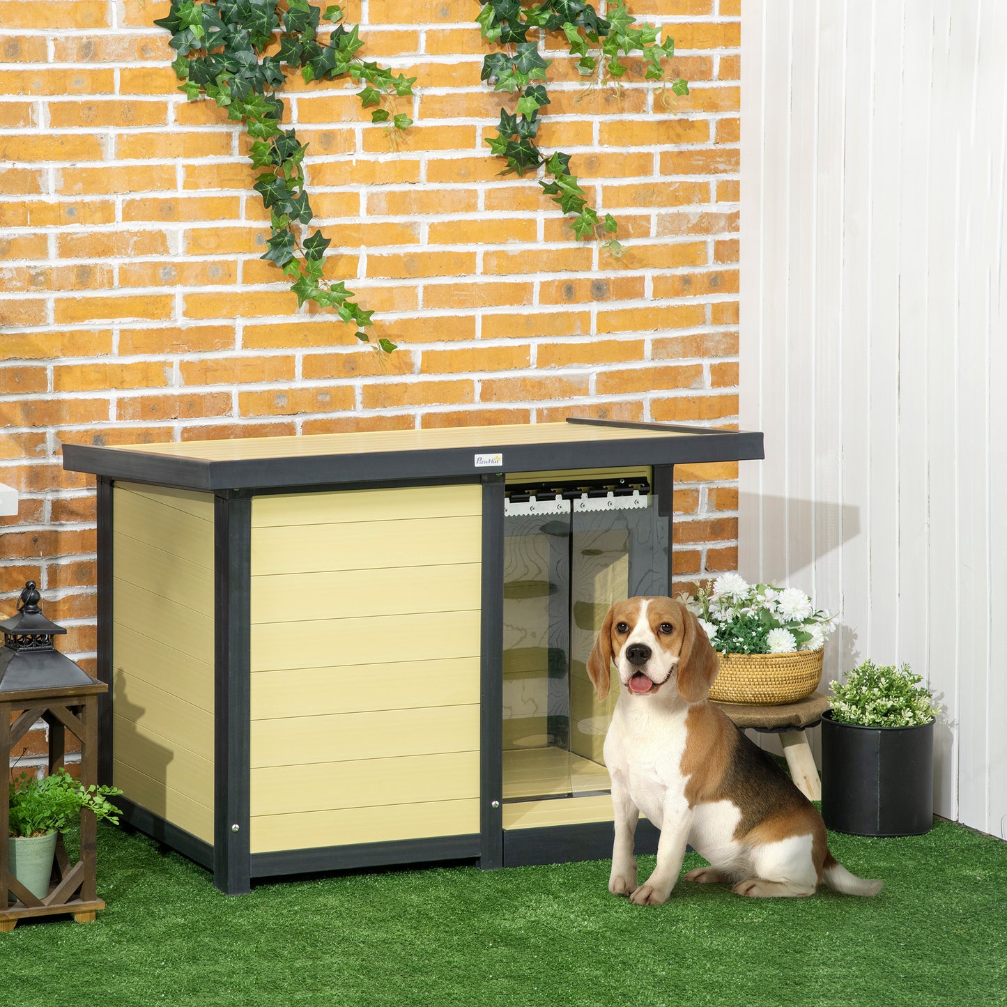 PawHut Outdoor Indoor Dog House with Openable Top, Weather Resistant Dog Kennel with Porch, Pet Furniture for Small and Medium Sized Dogs, Natural Wood