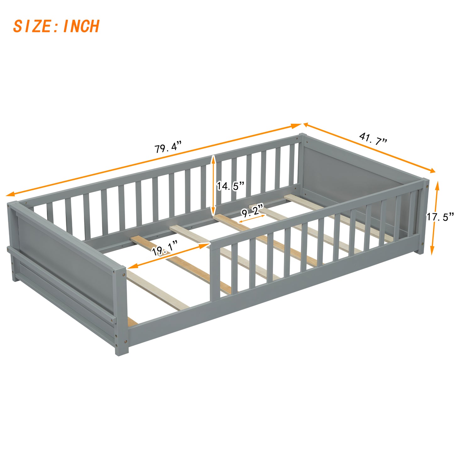 Twin size Floor Platform Bed with Built-in Book Storage Rack,Grey