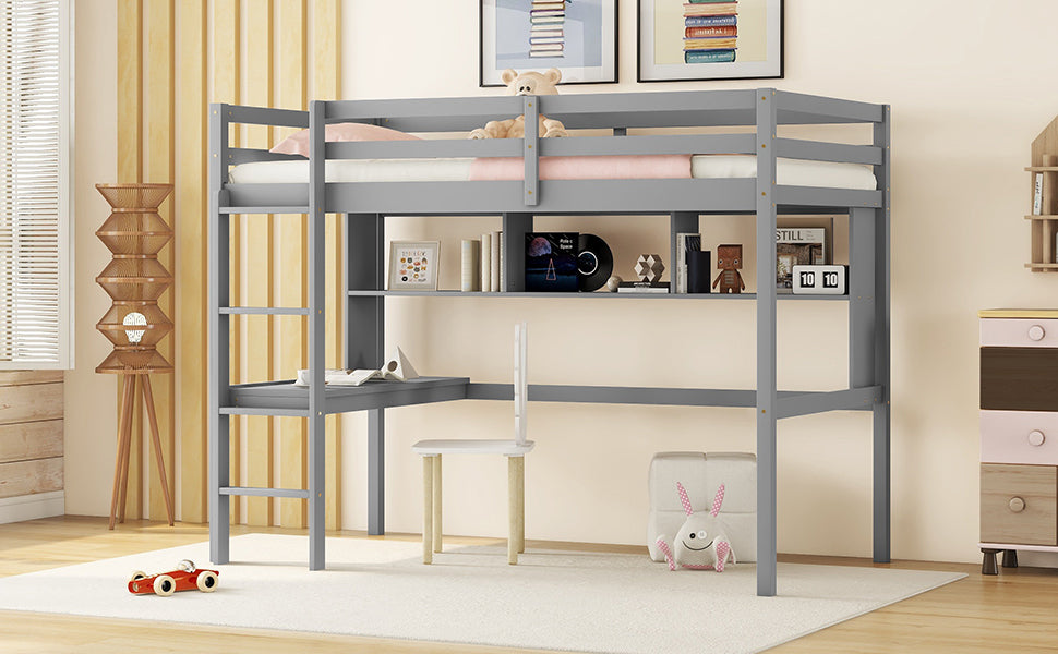 [SantaChoice] Twin Size Loft Bed with desk and shelves, Safety Guardrail and ladder,Grey