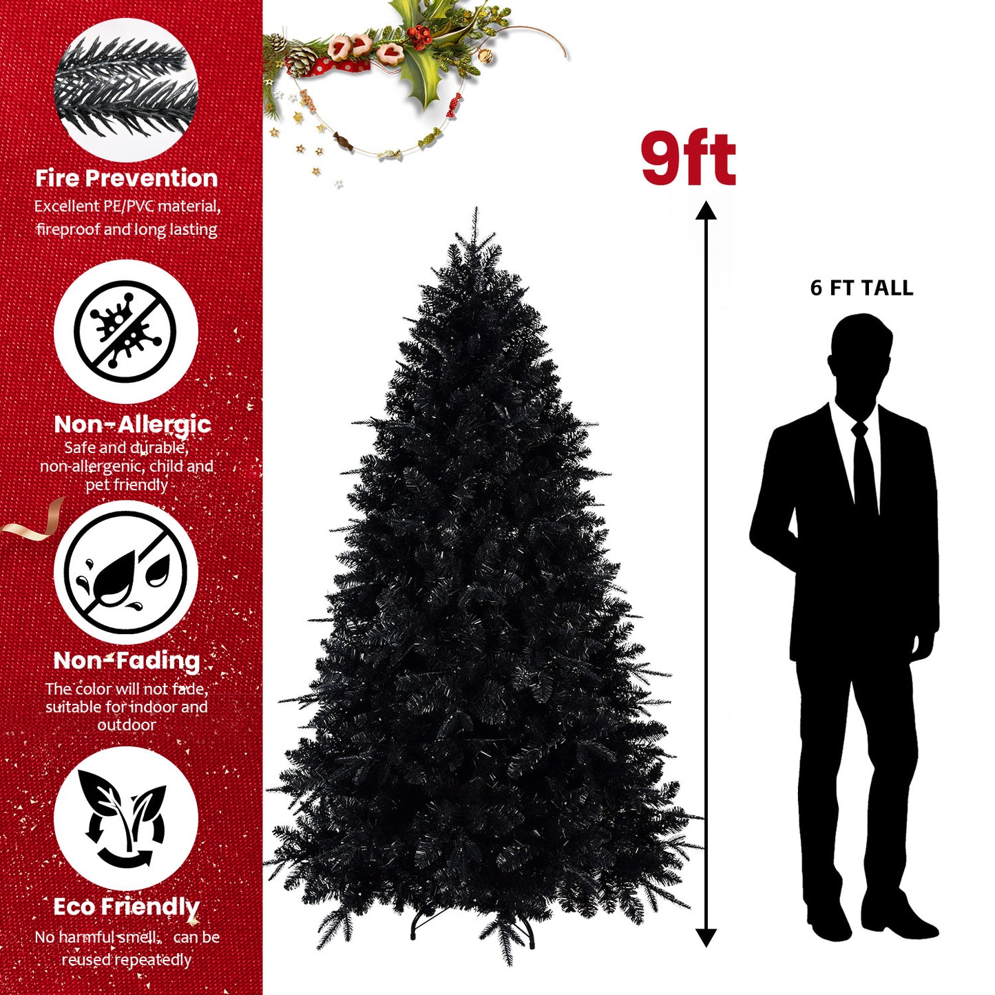 7.5ft Pre-Lit Black Christmas Tree, Full Halloween Xmas Artificial Tree 2156 Branch Tips, 500 Lights, Metal Hinges, Foldable Base, Holiday Decoration - Black