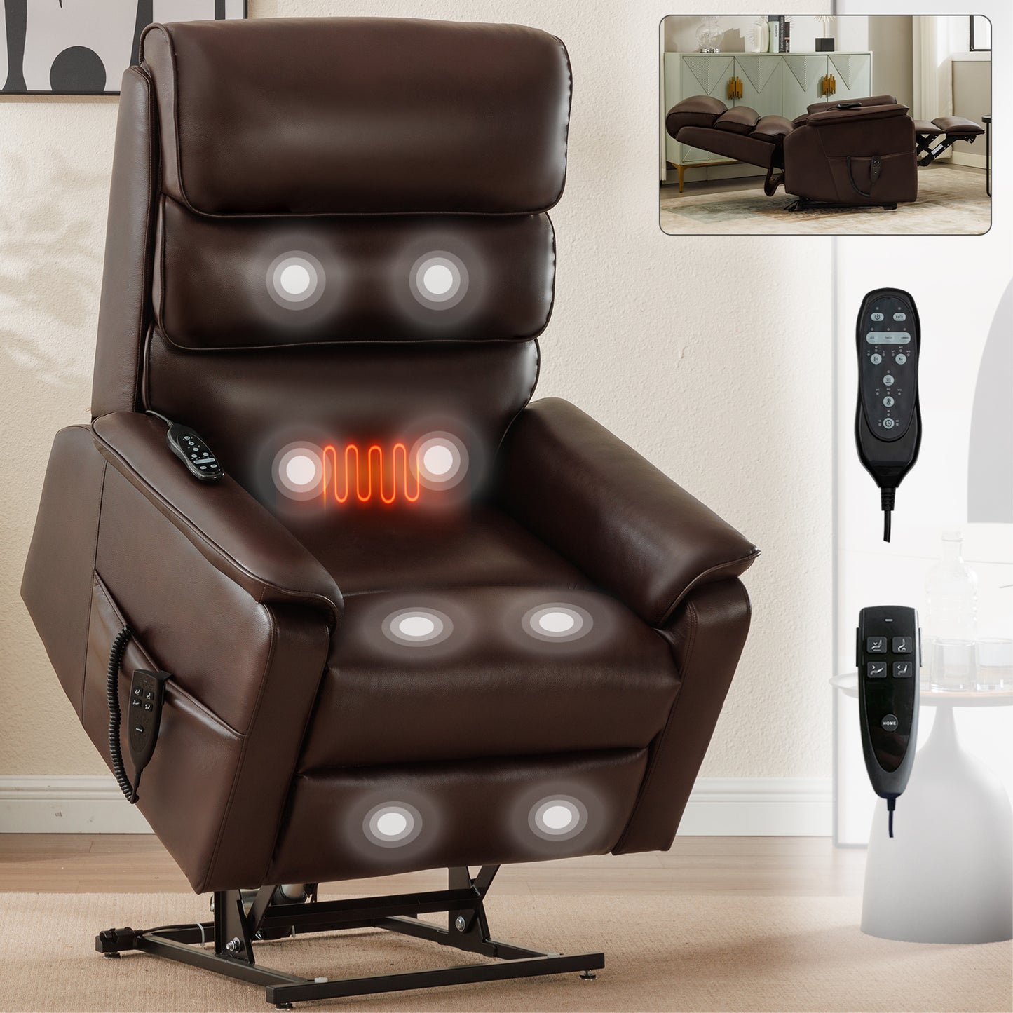 Brown Leatheraire Dual Motor Infinite Position Up to 350 LBS Power Lift Recliner Chair with Power-Remote, Heat Massage and Heavy Duty Motion Mechanism