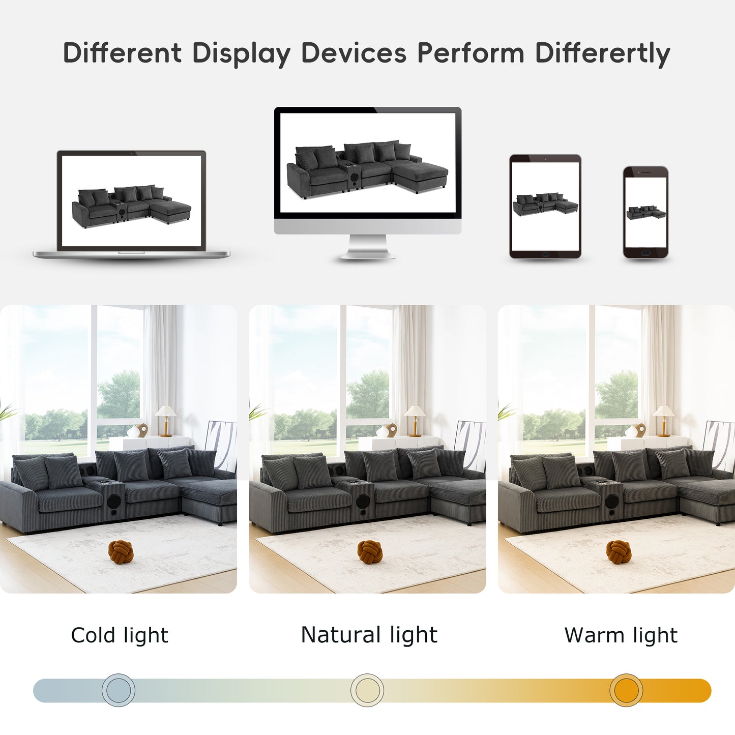 [SantaChoice] 114*64'' Corduroy Sectional Sofa with Bluetooth Speakers,L Shaped Couch with Console,USB Charger,Cup Holders,Storage,Ottoman,Deep and Wide Seat Cloud Sofa for Living Room,Apartment,2 Colors