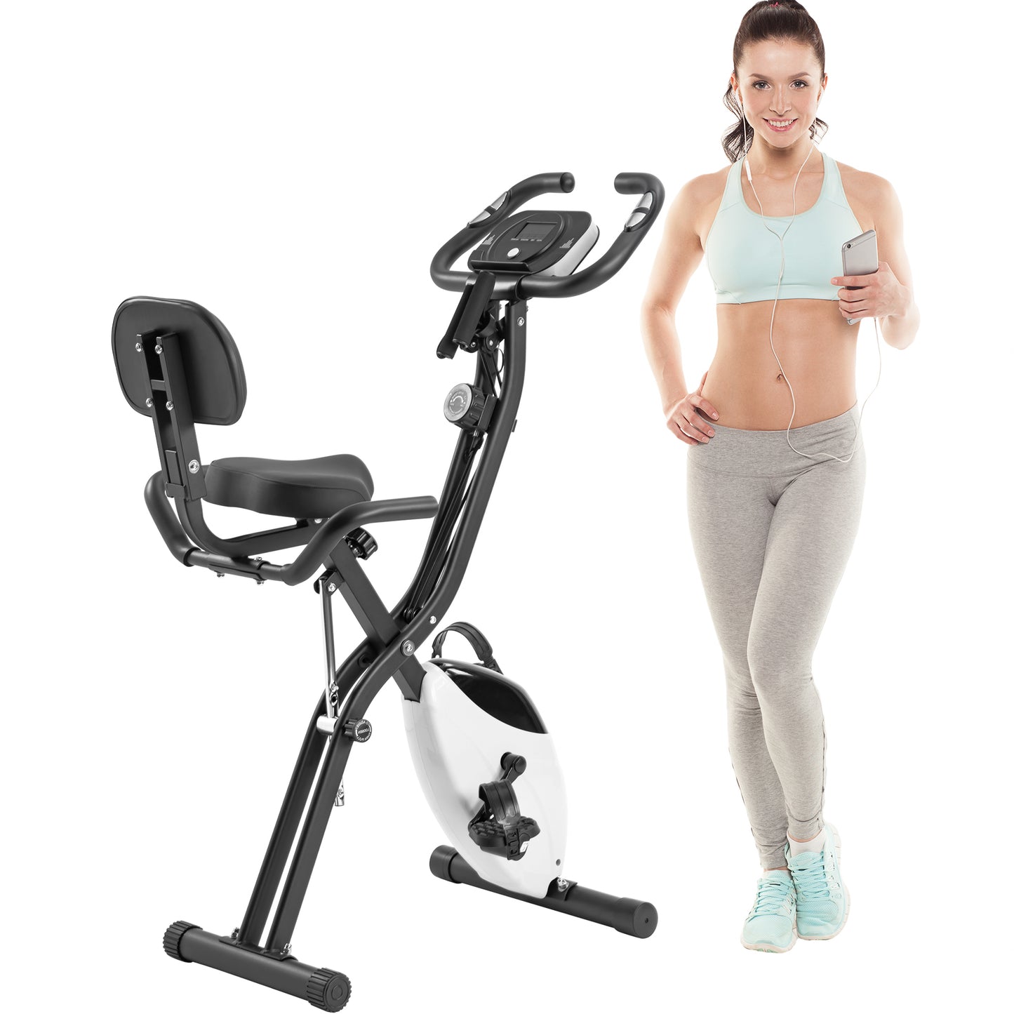 Folding Exercise Bike, Fitness Upright and Recumbent X-Bike with 16-Level Adjustable Resistance, Arm Bands and Backrest