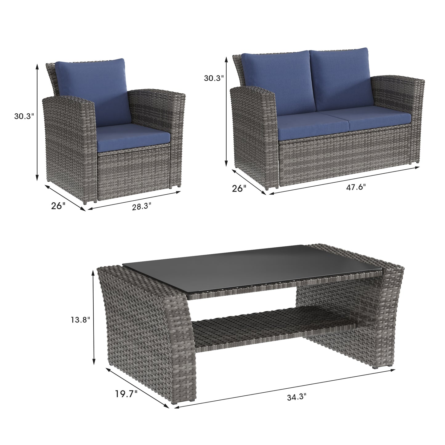 4 Piece Outdoor Patio Furniture Set, Outdoor Sectional Sofa with Tempered Glass Coffee Table and Cushions, Wicker Rattan Patio Set