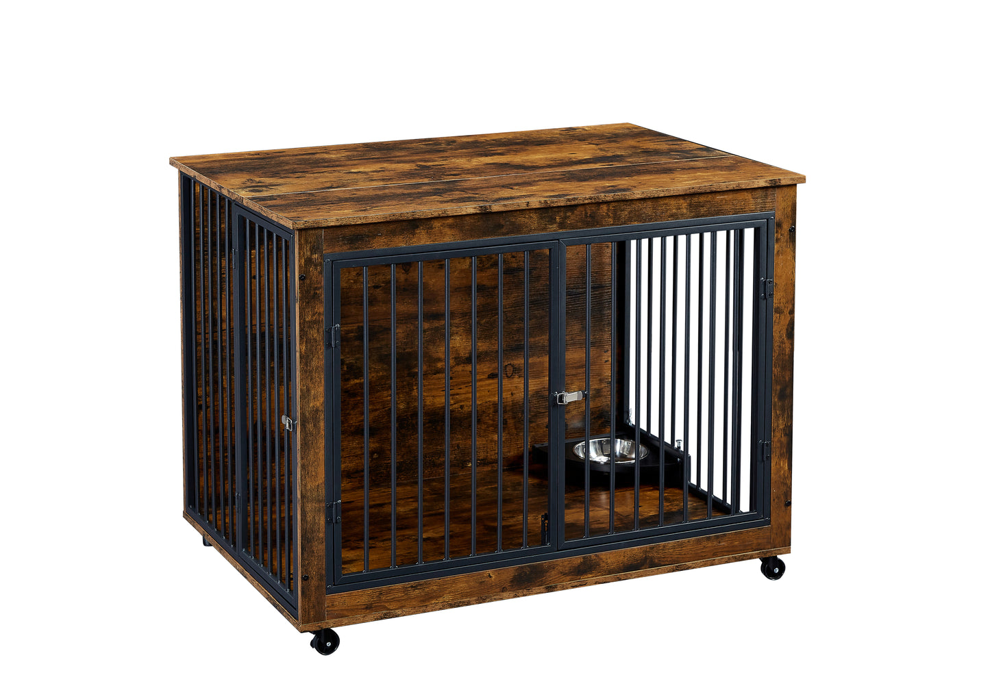 Furniture Style Dog Crate Side Table With Rotatable Feeding Bowl, Wheels, Three Doors, Flip-Up Top Opening. Indoor, Rustic Brown, 43.7"W x 30"D x 33.7"H