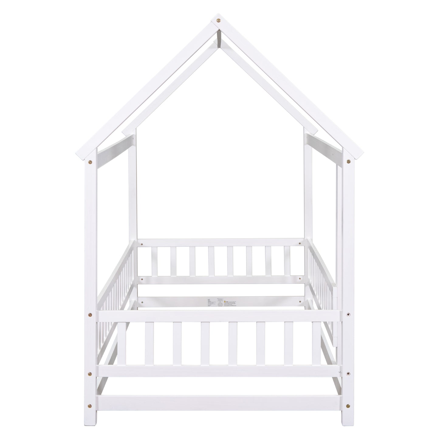 Twin Size Floor Wooden Bed with House Roof Frame, Fence Guardrails,White(Old SKU:W50471472)